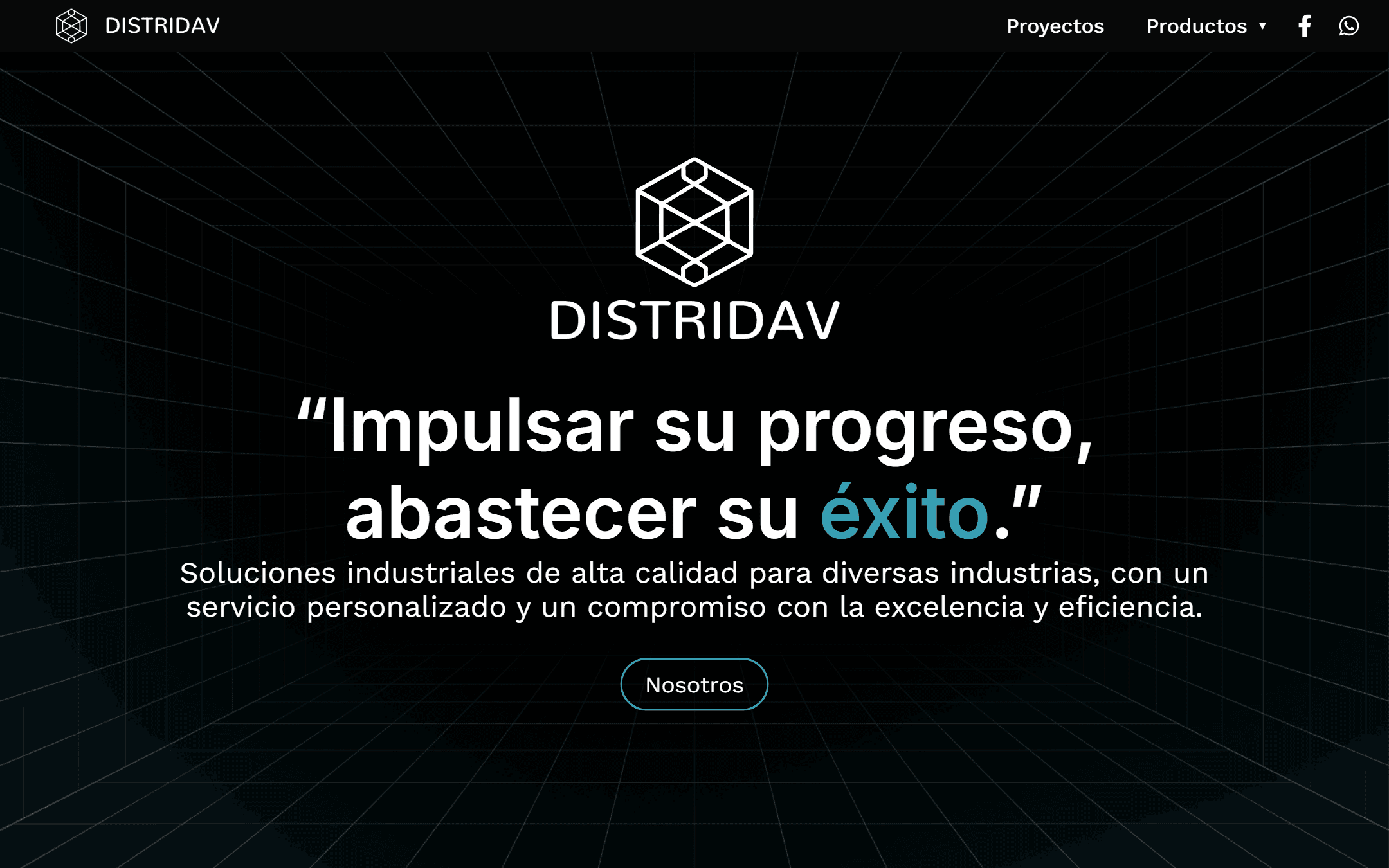 Distridav homepage: dark hero with the Distridav mark and the tagline 'Impulsar su progreso, abastecer su éxito'