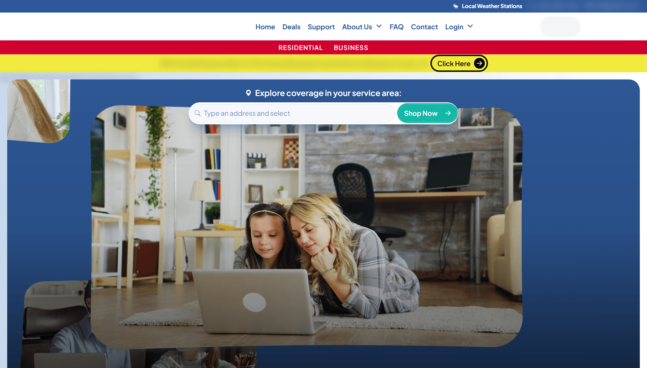 Customer-facing broadband provider site with an address-based coverage lookup. Client branding is redacted.